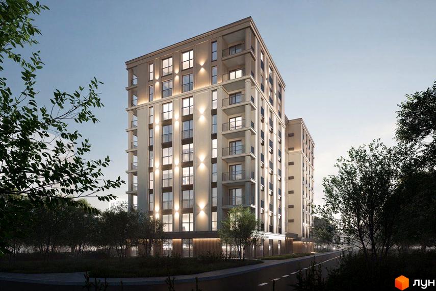 Житловий комплекс Молоді: багатоповерховий будинок зі світлим фасадом, вікнами та балконами, освітлений ввечері. Навколо зелені дерева та дорога.