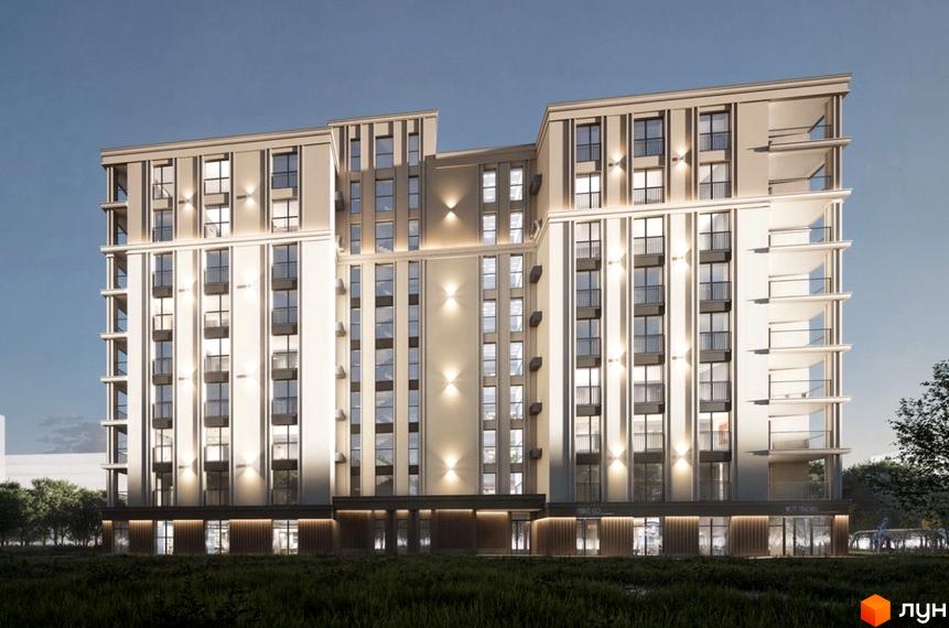 Зображення Житлового комплексу Молоді з багатоповерховим будинком світлого кольору, великими вікнами та освітленим фасадом. На передньому плані зелена трава та дерева.