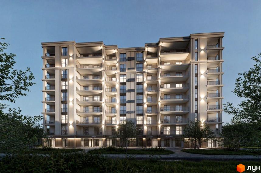 Житловий комплекс Молоді: багатоповерховий будинок зі світлим фасадом, балконами та вечірнім освітленням. Навколо зелені насадження.