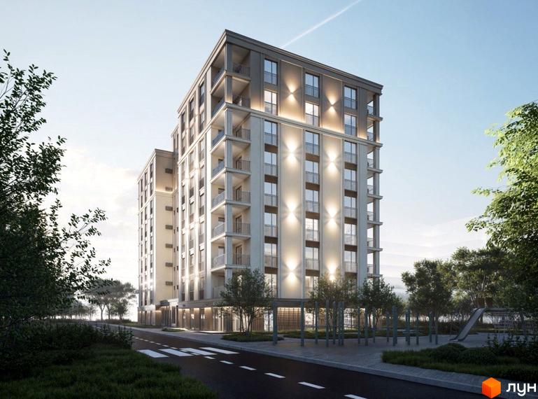 Житловий комплекс Молоді: багатоповерховий будинок зі світлим фасадом, балконами та зовнішнім освітленням. Поруч дорога, зелень та дитячий майданчик.
