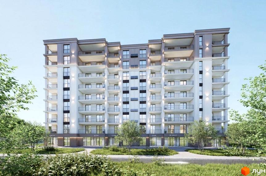 Житловий комплекс Молоді: багатоповерховий будинок світлого кольору з балконами та комерційними приміщеннями на першому поверсі. Навколо багато зелені та доріжки.