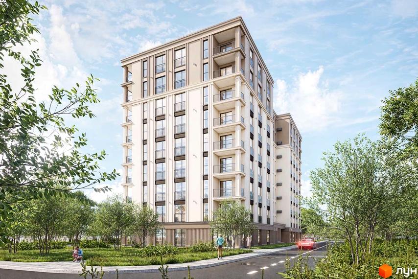 Житловий комплекс Молоді: багатоповерховий будинок світлого кольору з балконами та зеленою прибудинковою територією, де ростуть дерева та кущі.