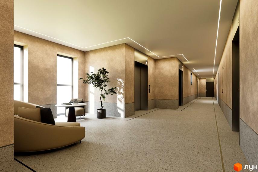 Інтер'єр холу Житлового комплексу Молоді: бежеві стіни, світла підлога, лінійне освітлення. Зона відпочинку з диваном, столом та деревом.