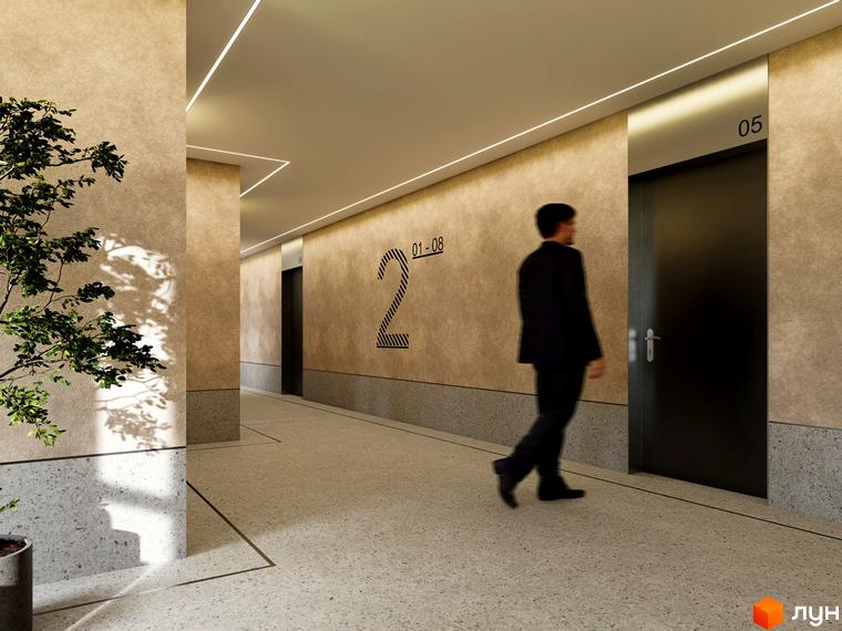 Коридор Житлового комплексу Молоді з номерними дверима, лінійним освітленням та світлою тераццо підлогою. Видно частину рослини.