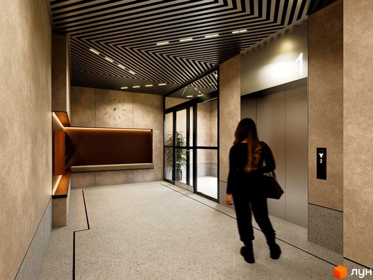 Сучасний інтер'єр холу житлового комплексу Молоді з ліфтом та зоною очікування. Дизайн новобудови з акцентом на функціональність та комфорт.