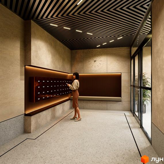 Вхідна група Житлового комплексу Молоді з дерев'яними поштовими скриньками, підсвічуванням та геометричною стелею. Просторий хол з панорамними вікнами.