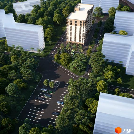 Житловий комплекс Молоді: багатоповерховий будинок світлого кольору, оточений зеленими насадженнями, з дитячим майданчиком та паркінгом.
