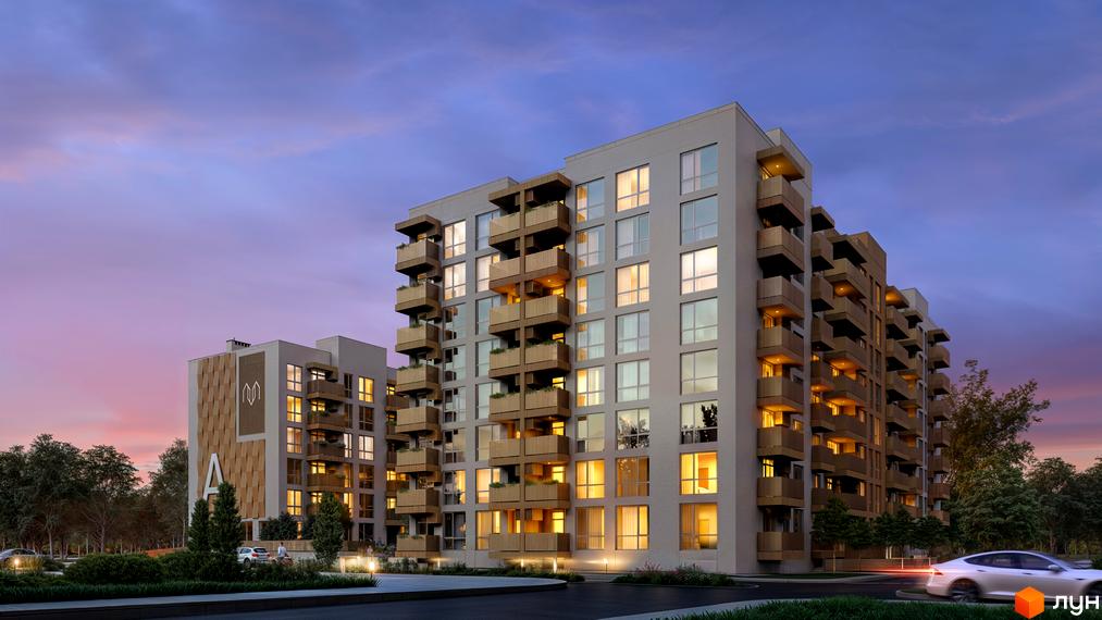 Житловий комплекс AUROOM DISTRICT з багатоповерховими будинками, балконами з деревом та освітленими вікнами. Прибудинкова територія має зелені насадження та дорогу.