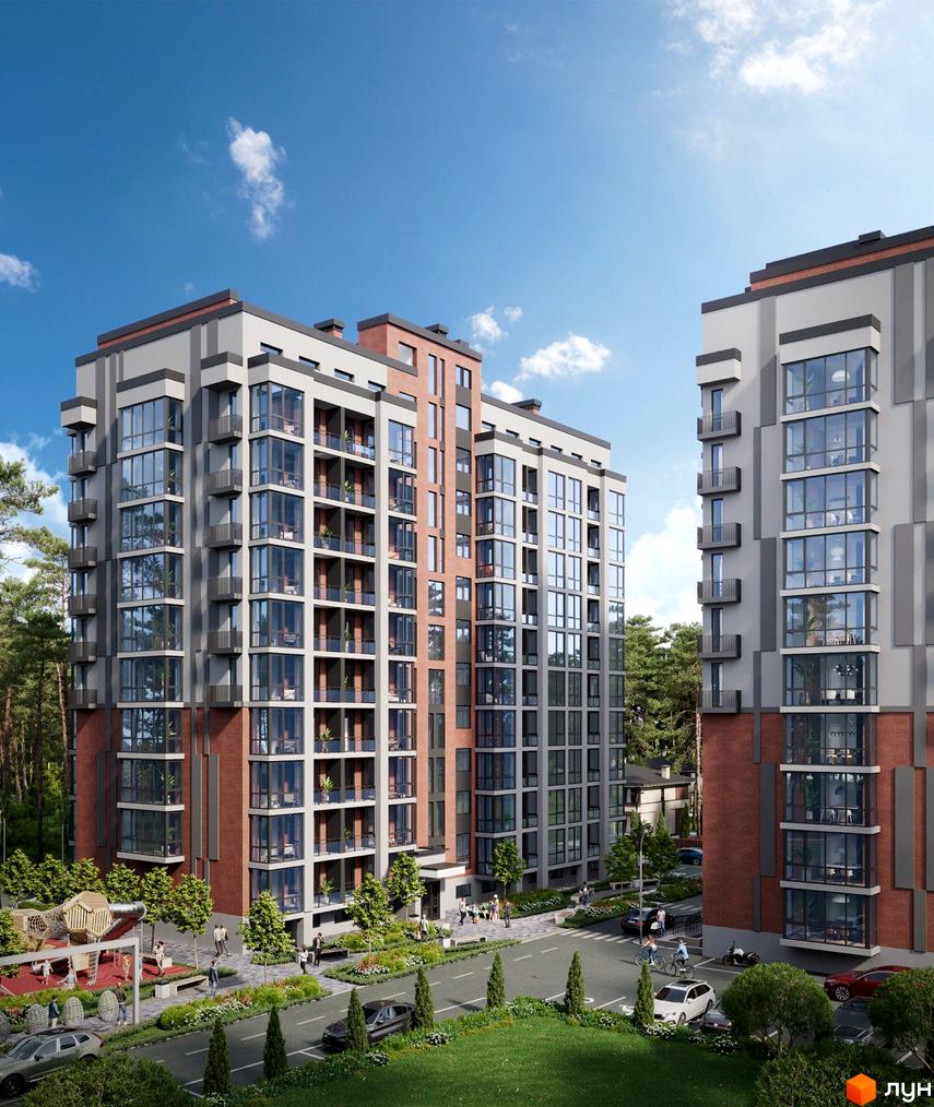 Житловий комплекс Soborniy: багатоповерхові будинки зі світло-сірими та цегляними фасадами, великими вікнами. Прибудинкова територія з зеленими насадженнями, дитячим майданчиком.