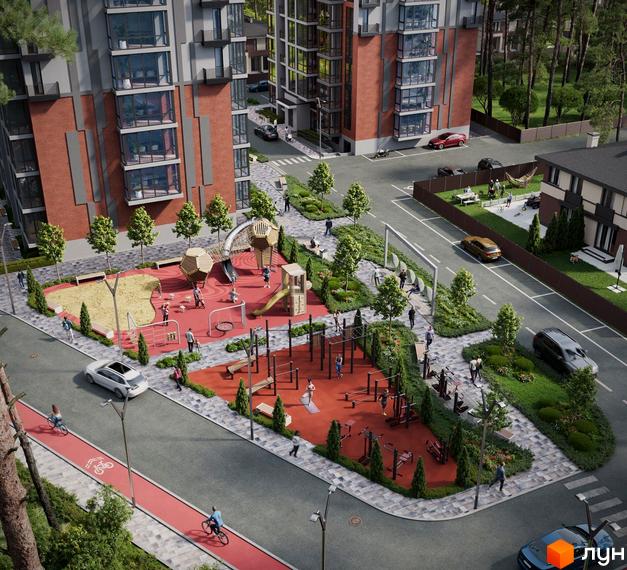 Житловий комплекс Soborniy з багатоповерховими будинками з цегли та великими вікнами. На території є дитячі майданчики, спортивні зони та зелені насадження.