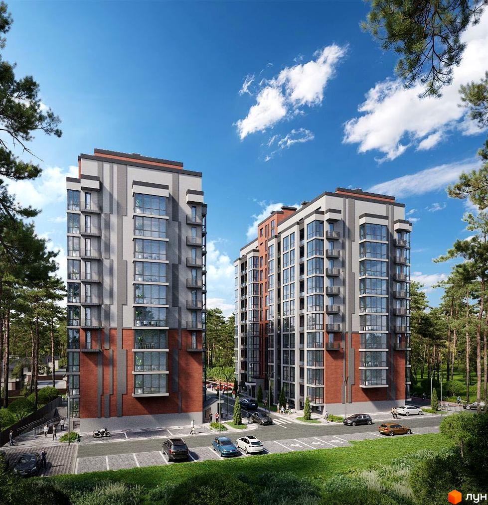 Новобудова ЖК Soborniy з цегляним та сірим фасадами, великими вікнами та балконами, розташована серед соснового лісу, з парковкою та зеленими зонами.