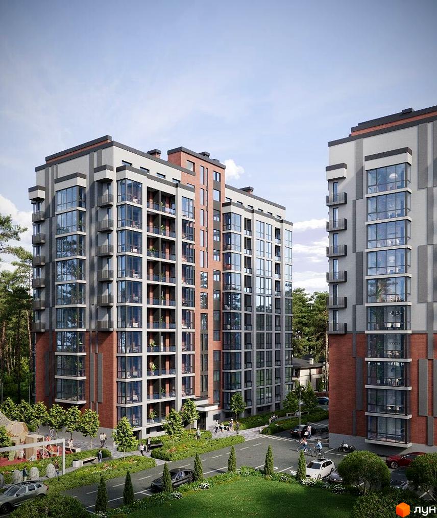 Житловий комплекс Soborniy: два багатоповерхові будинки з комбінованими фасадами та великими вікнами. Озеленена територія з дитячим майданчиком та дорогою.