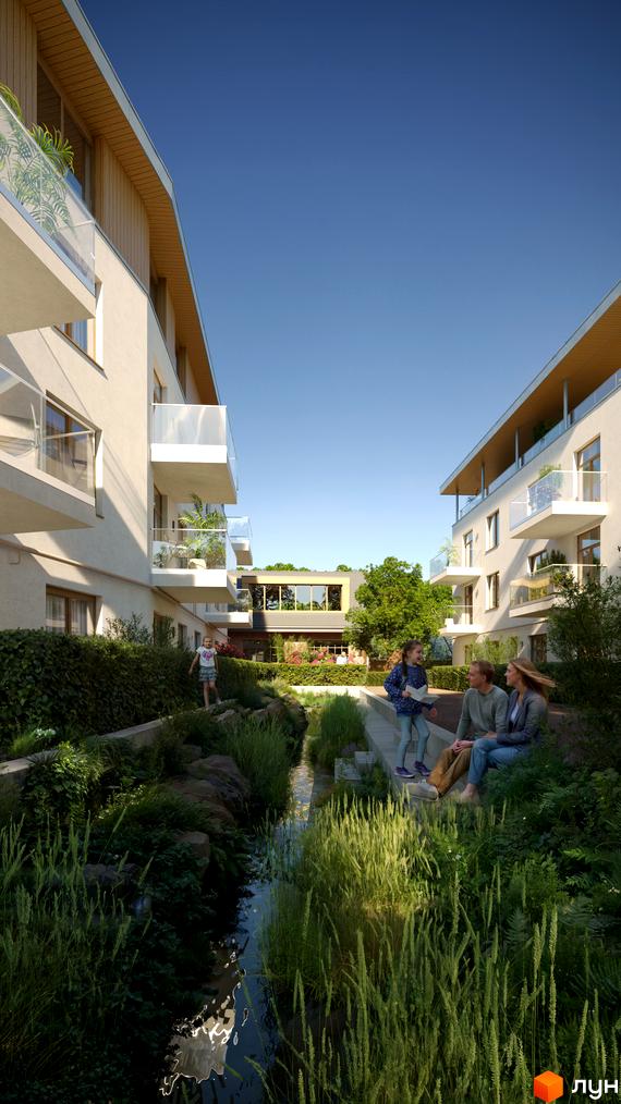 Житловий комплекс Eco City Park з сучасними фасадами та зеленим внутрішнім двориком з річкою та місцями для відпочинку.