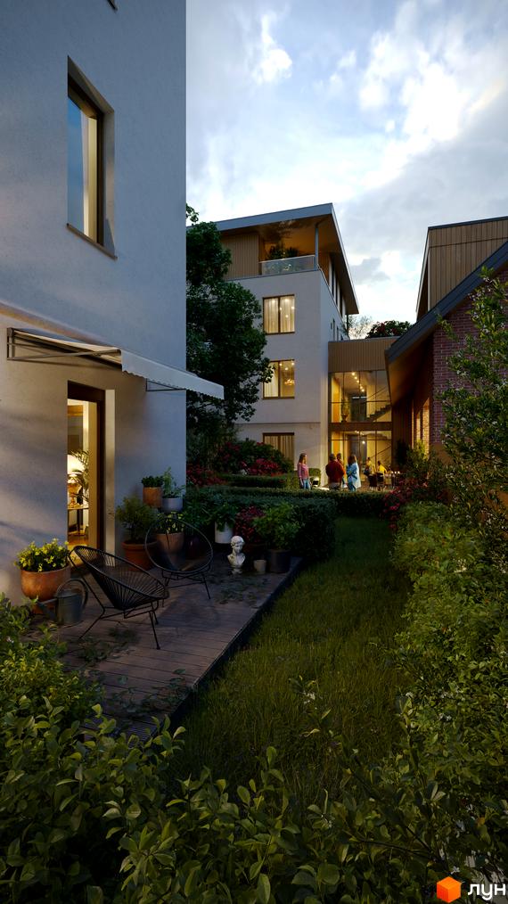 Житловий комплекс Eco City Park: багатоповерхові будинки зі світлими фасадами та дерев'яними елементами, оточені зеленим двором з газоном та терасою.