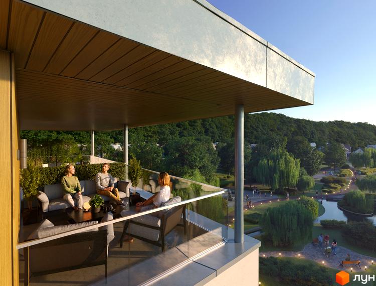 Житловий комплекс Eco City Park: балкон з відпочинковою зоною та вид на зелений парк з алеями та водоймою.