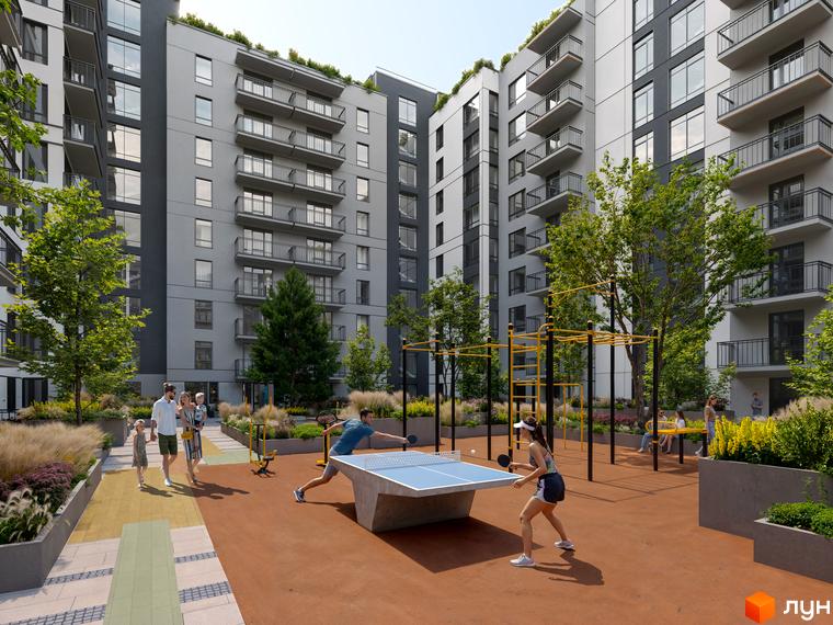 Житловий комплекс Park Residence з сірими фасадами, балконами та зеленою зоною. На прибудинковій території є дитячий майданчик та зона для гри в настільний теніс.