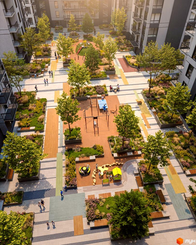 Житловий комплекс Park Residence: фасади будинків та зелене подвір'я з дитячим майданчиком і зонами відпочинку.