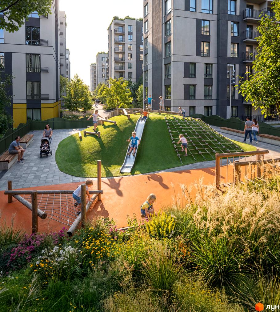Житловий комплекс Park Residence: сірі та бежеві багатоповерхівки з балконами, дитячий майданчик з гіркою та сіткою, зелена галявина, клумби з квітами.