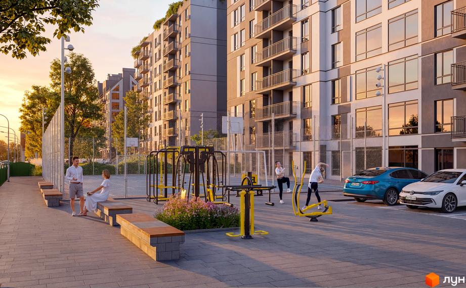 Житловий комплекс Park Residence з багатоповерховими будинками та зоною для спорту на прибудинковій території.