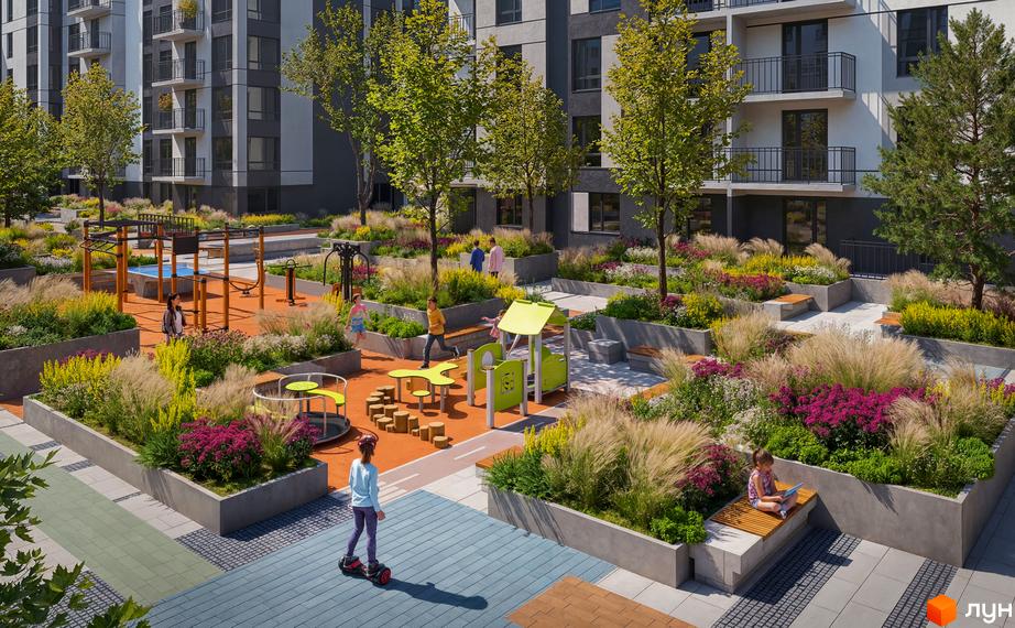 Житловий комплекс Park Residence: багатоповерхові будинки та облаштований дитячий майданчик із зонами відпочинку та озелененням.