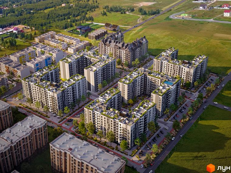 Комплекс Park Residence з багатоповерховими будинками та доглянутою прибудинковою територією, що потопає в зелені. На території розташовані зони відпочинку та паркувальні місця.