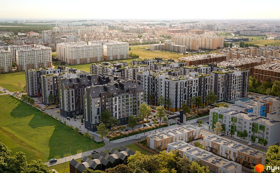 Комплекс Park Residence з сірими та білими фасадами, покрівлею та зеленими насадженнями на дахах. Навколо зелена територія з деревами та доглянутими газонами.