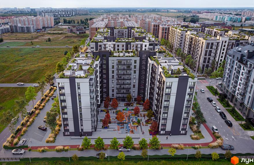 Житловий комплекс Park Residence: багатоповерхові будинки з пласкими дахами, засадженими рослинністю, та внутрішнім двориком з дитячим майданчиком. Навколо комплексу — доглянута прибудинкова територія з деревами та парковками.