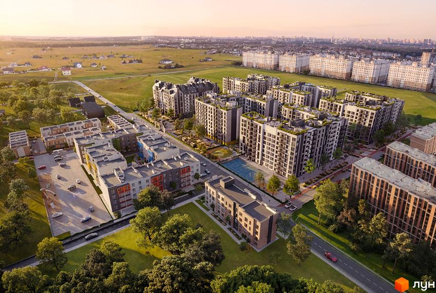 Житловий комплекс Park Residence. Сучасна архітектура будівель та упорядкована прибудинкова територія з зеленими насадженнями та спортивними майданчиками.