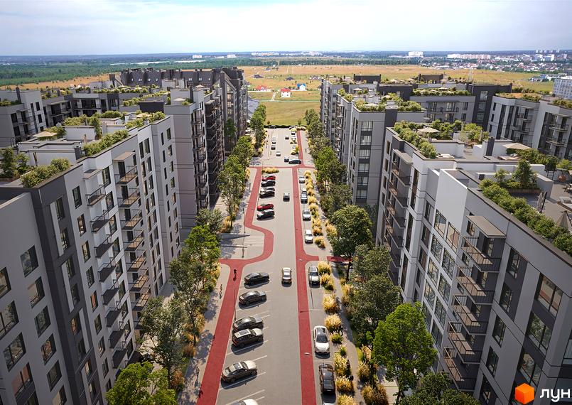 Житловий комплекс Park Residence: сучасні багатоповерхові будинки з балконами та зеленими дахами, облаштована прибудинкова територія з парковкою та деревами.