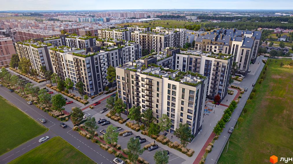 Житловий комплекс Park Residence з багатоповерховими будинками та зеленою прибудинковою територією з парковкою та дитячим майданчиком.