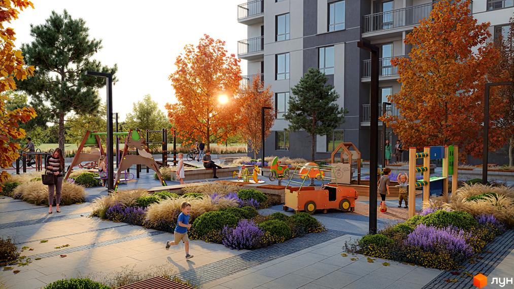 Житловий комплекс Park Residence: багатоповерховий будинок з балконами та дитячим майданчиком з гойдалками та гірками на прибудинковій території.