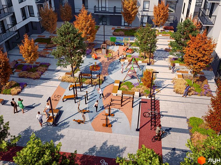 Житловий комплекс Park Residence: сучасний двір з дитячим майданчиком, зонами відпочинку та спортивними тренажерами. Навколо будівлі розташовані зелені насадження та дерева.