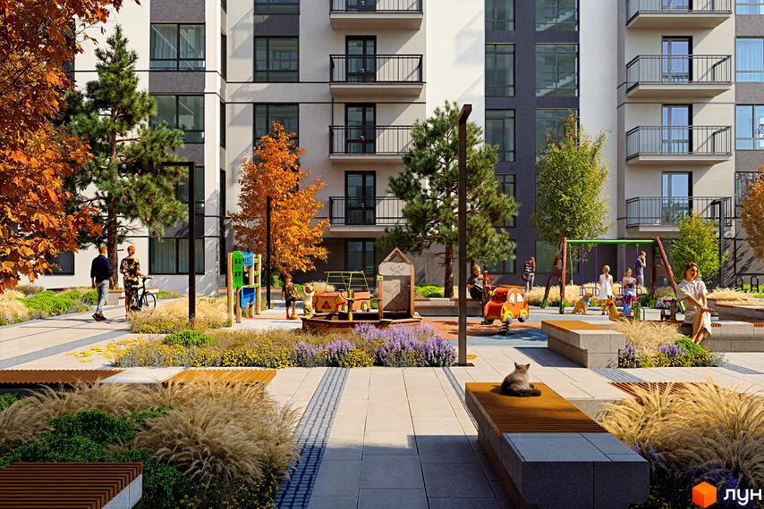 Житловий комплекс Park Residence: фасади будівель та облаштований дитячий майданчик з ландшафтним дизайном. Затишна прибудинкова територія для відпочинку.