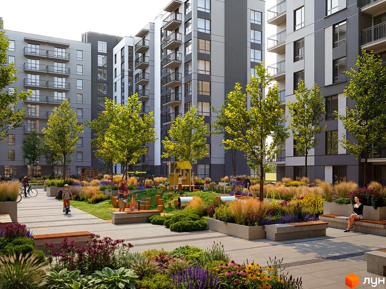 Житловий комплекс Park Residence з сірими фасадами та балконами, зеленою прибудинковою територією, дитячим майданчиком та зонами відпочинку.