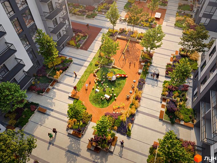 Багатоповерхові будинки Житлового комплексу Park Residence. Прибудинкова територія з зеленими насадженнями, дитячими майданчиками та пішохідними зонами.
