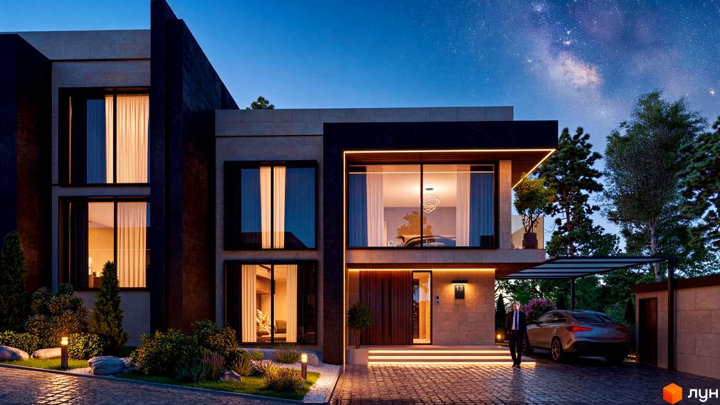 Котеджне містечко Alma Residence: двоповерховий будинок з великими вікнами та підсвічуванням фасаду. Доглянута прибудинкова територія з освітленням та автомобілем.