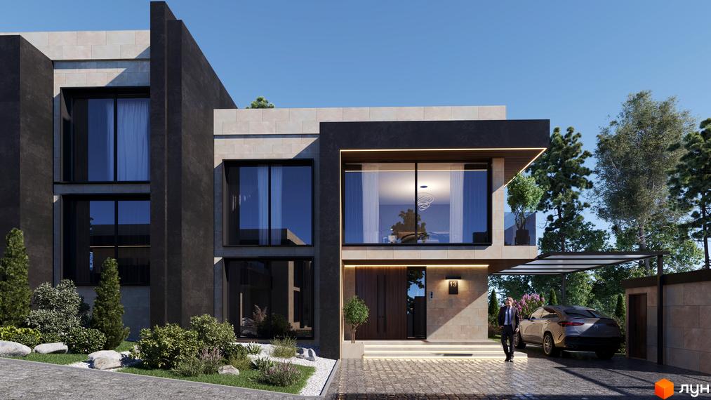 Котеджне містечко КМ Alma Residence: двоповерховий будинок з великими вікнами та навісом для авто. Прибудинкова територія з доглянутим ландшафтом.