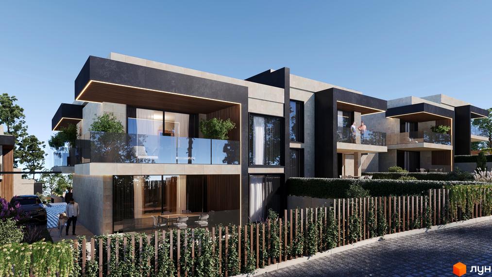 Котеджне містечко Alma Residence: фасади з натурального каменю, темними елементами та скляними балконами. Територія з огорожею та зеленню.