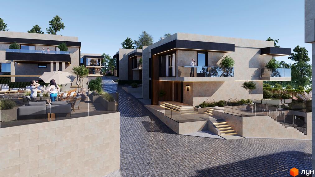 Котеджне містечко Alma Residence: двоповерхові будинки зі світлим фасадом, скляними балконами та брукованими доріжками. На території є зони відпочинку з меблями.