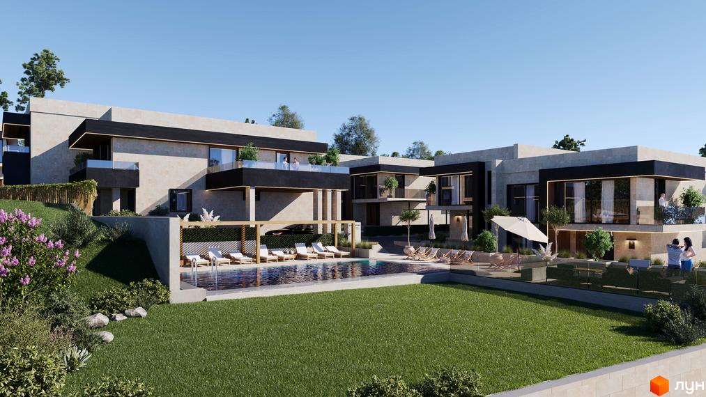 Котеджне містечко КМ Alma Residence. Триповерхові будинки з терасами та басейнами, оточені зеленню. На території розташовані шезлонги та парасольки.