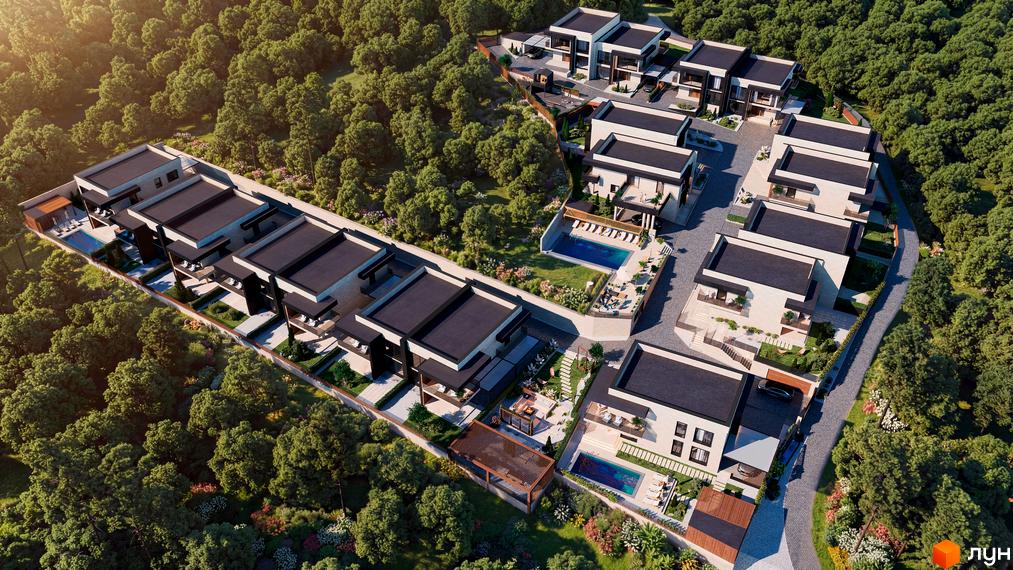 Котеджне містечко Alma Residence: сучасні будинки з пласкими дахами, приватними басейнами та доглянутими ділянками серед зелених дерев.