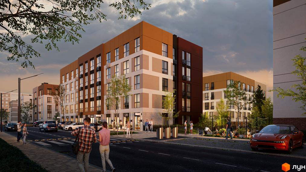 Зовнішній вигляд житлового комплексу SOFI HOUSE з фасадами різних кольорів та прибудинковою територією з деревами та місцями для відпочинку.
