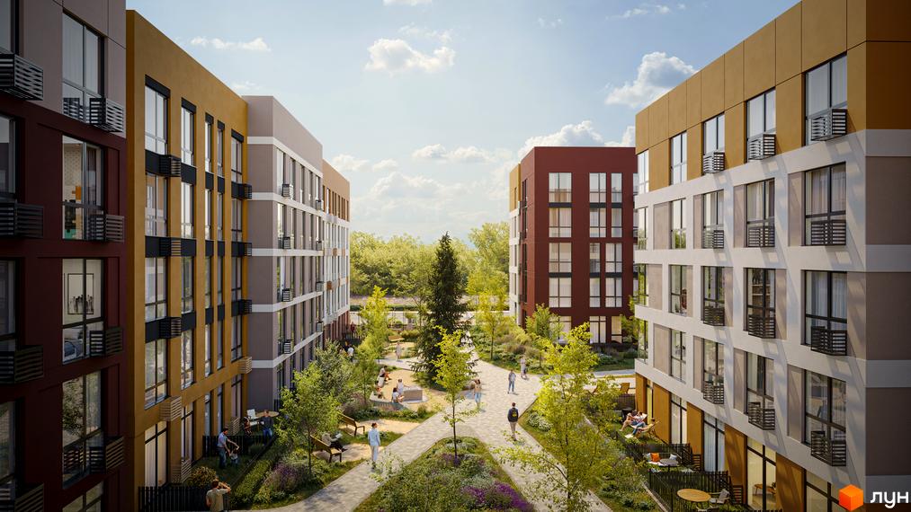 Зовнішній вигляд житлового комплексу SOFI HOUSE з різнокольоровими фасадами та затишною прибудинковою територією з деревами та зонами відпочинку.