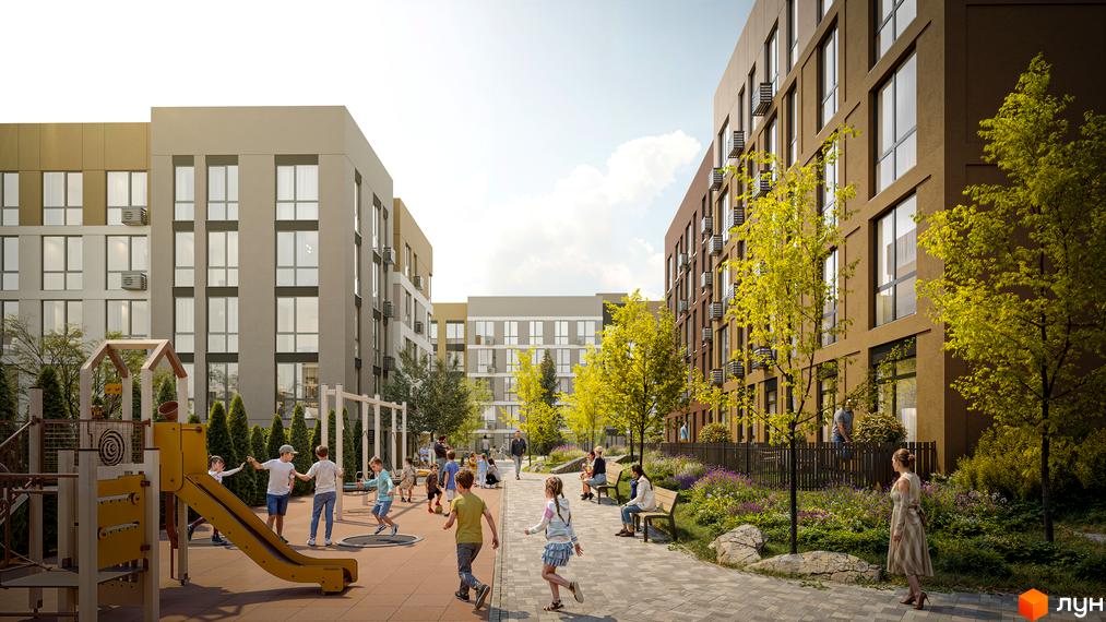 Житловий комплекс SOFI HOUSE з дитячим майданчиком та зонами відпочинку. Сучасні будівлі з балконами оточені зеленими деревами та квітами.