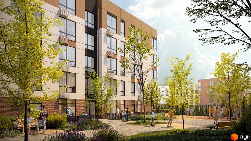 Зовнішній вигляд будинку ЖК SOFI HOUSE з цегляною кладкою та великими вікнами, поруч дитячий майданчик та зелена зона з деревами.