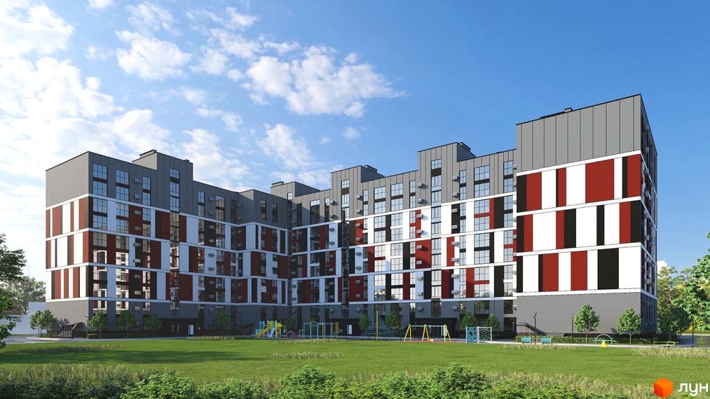 Багатоповерховий будинок Житлового комплексу Оберіг з сірим дахом та фасадом, що поєднує білі, темно-червоні та чорні вертикальні панелі. На передньому плані зелений газон та дитячий майданчик.