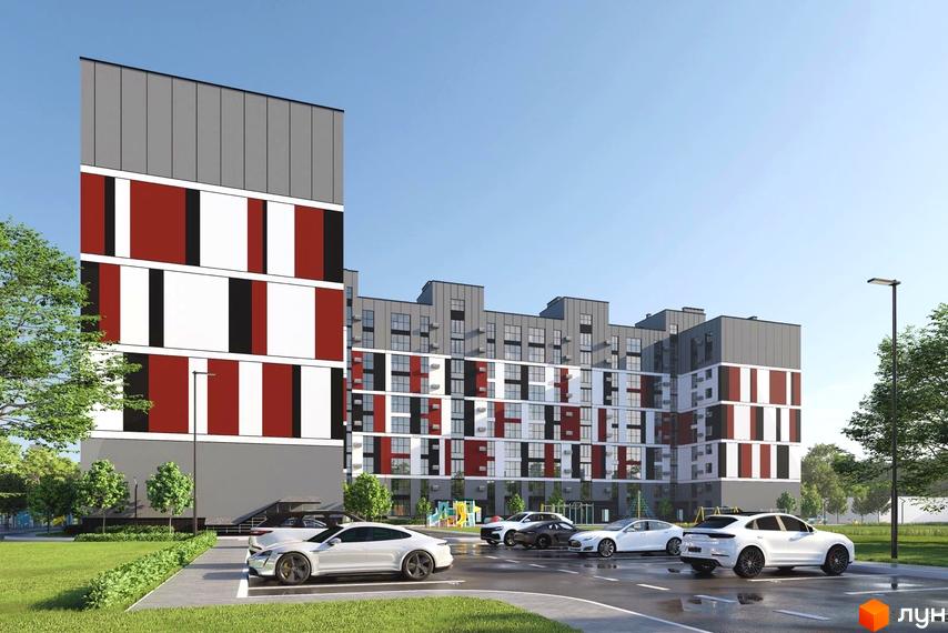 Житловий комплекс Оберіг: багатоповерхові будинки з фасадами червоного, білого та чорного кольорів. На території є парковка, зелені насадження.