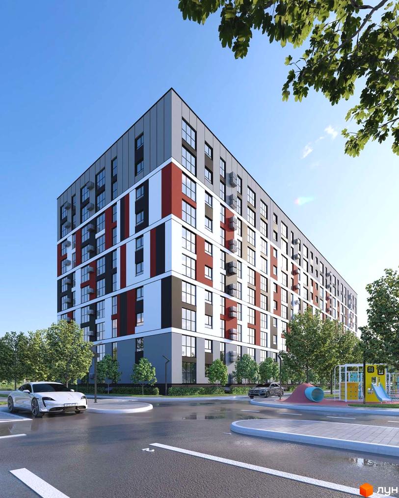 Житловий комплекс Оберіг з фасадом сірого, білого, червоного та чорного кольорів. Поруч дорога, зелені дерева та дитячий майданчик.