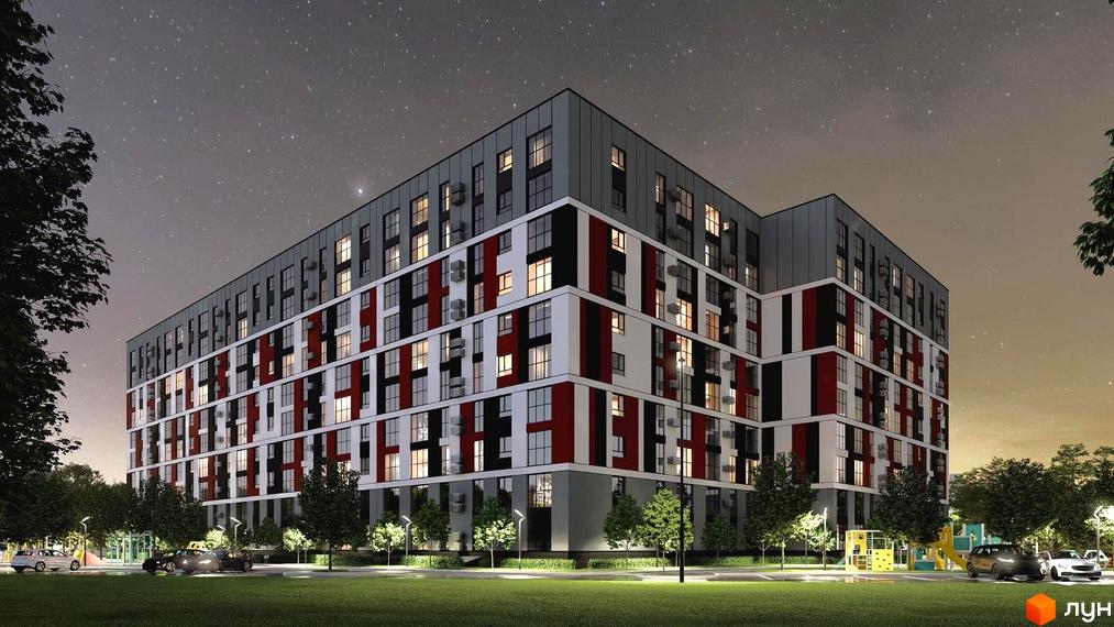 Житловий комплекс Оберіг з фасадом у червоно-чорно-білих тонах, вікнами з підсвіткою, дитячим майданчиком та паркуванням.