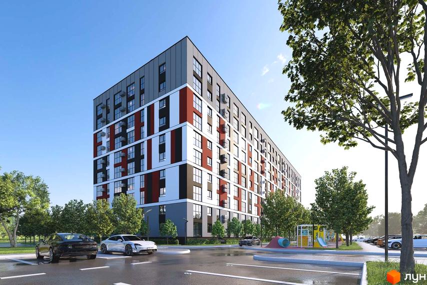 Житловий комплекс Оберіг: багатоповерховий будинок з фасадом у сірих, білих, чорних та коричневих тонах. Поруч парковка, зелені насадження та дитячий майданчик.